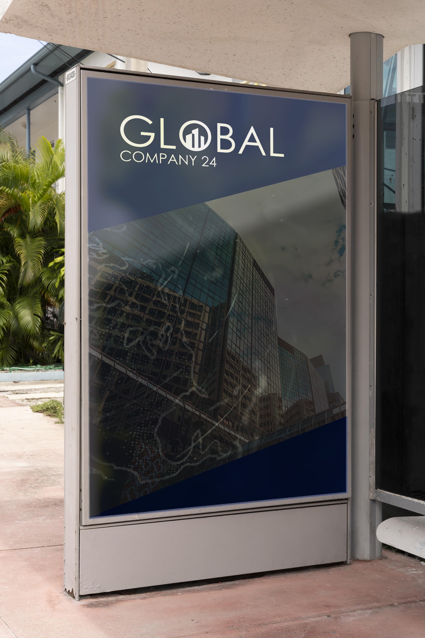 Wizualizacja logo 'Global Company 24' na przystanku autobusowym. Grafika łączy nowoczesny design z motywem miejskiej architektury.