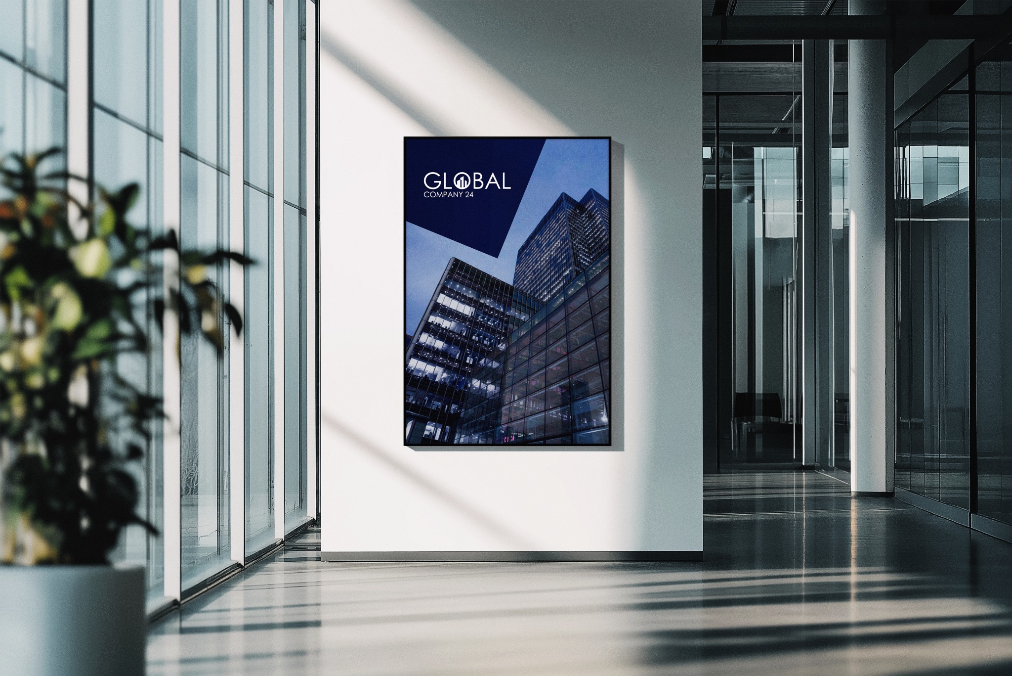 Wnętrze biura z plakatem 'Global Company 24' na ścianie. Minimalistyczny design, szklane ściany, roślina w doniczce. Stonowana kolorystyka, nowoczesna architektura.