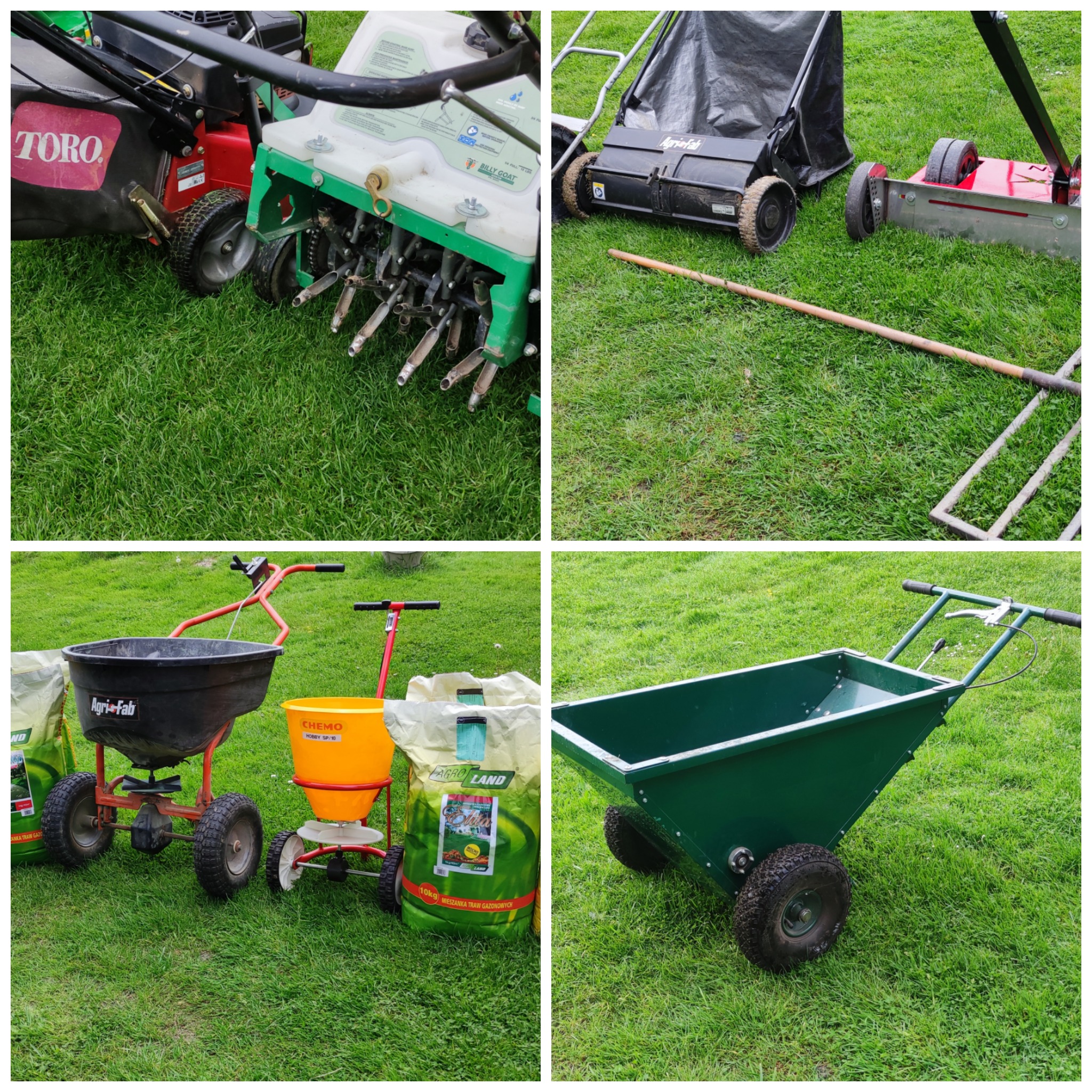Zestaw narzędzi ogrodniczych do pielęgnacji trawnika: aerator Billy Goat, kosiarka Toro, siewnik Agri-Fab, rozrzutnik nawozów Chemo i wózek transportowy na tle trawy.