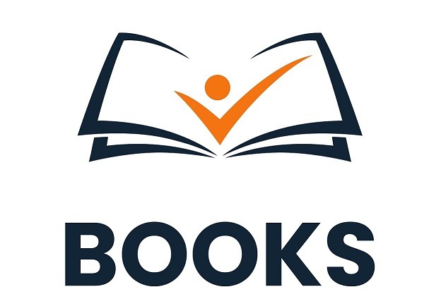 Logo firmy z otwartą książką i pomarańczowym symbolem osoby z zaznaczeniem 'ptaszkiem' w górnej części, poniżej napis 'BOOKS'.
