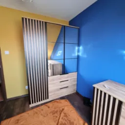 Nowoczesna szafa z lustrem i drewnianymi lamelami w pokoju z ż&oacute;łtą i niebieską ścianą, widoczny fragment brązowego dywanu.