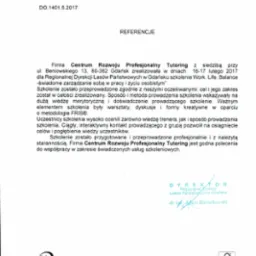 Skan dokumentu referencyjnego dla firmy Centrum Rozwoju Profesjonalny Tutoring od Regionalnej Dyrekcji Lasów Państwowych w Gdańsku, potwierdzający realizację szkolenia z zakresu Work Life Balance.