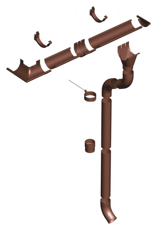 Brązowy system odprowadzania wody deszczowej: korytka, rury spustowe, kolanka, uchwyty i złączki, przedstawione w formie rozłożonego schematu montażowego na białym tle.
