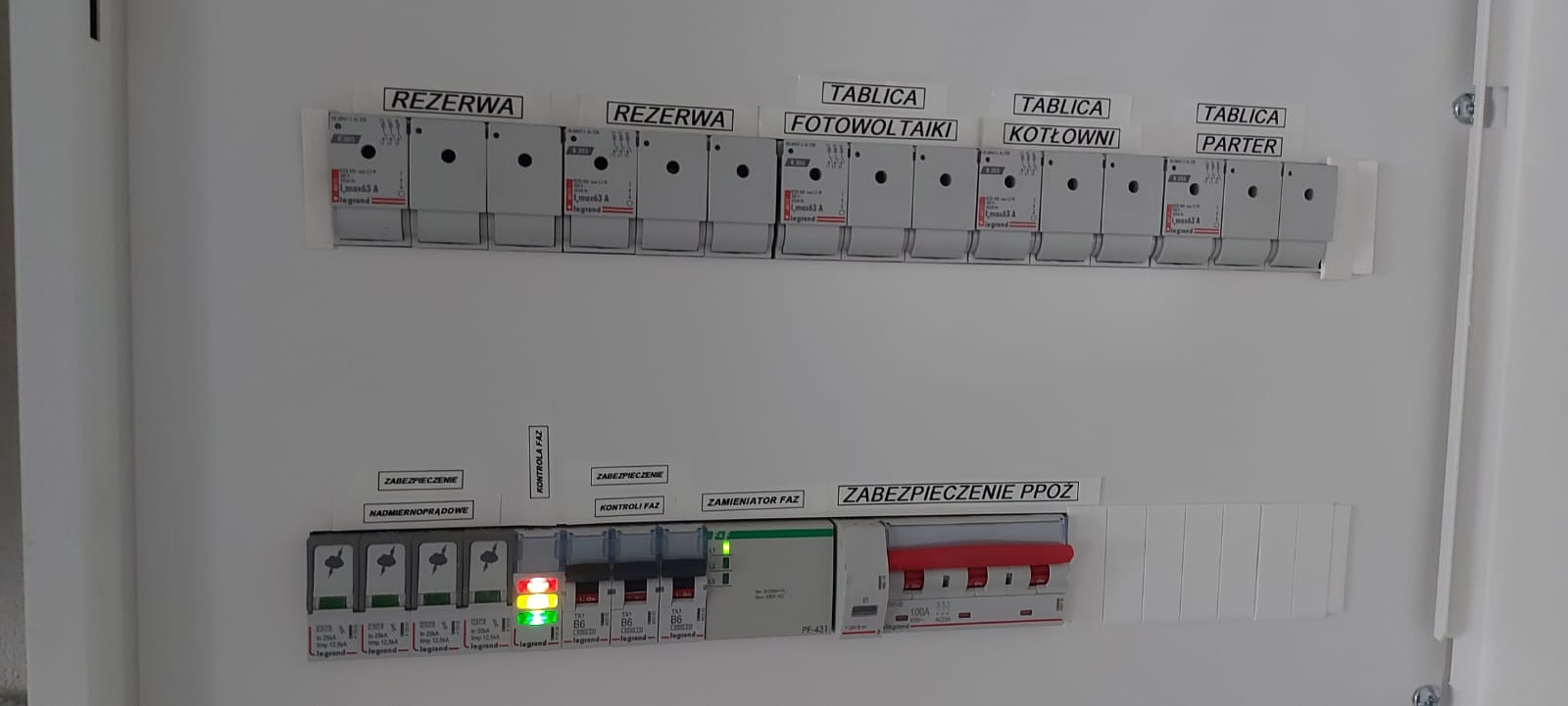 Rozdzielnica elektryczna z bezpiecznikami automatycznymi i opisami: Rezerwa, Tablica Fotowoltaiki, Tablica Kotłowni, Tablica Parter, zabezpieczenia nadmiarowoprądowe, kontroli faz, zamiennik faz...