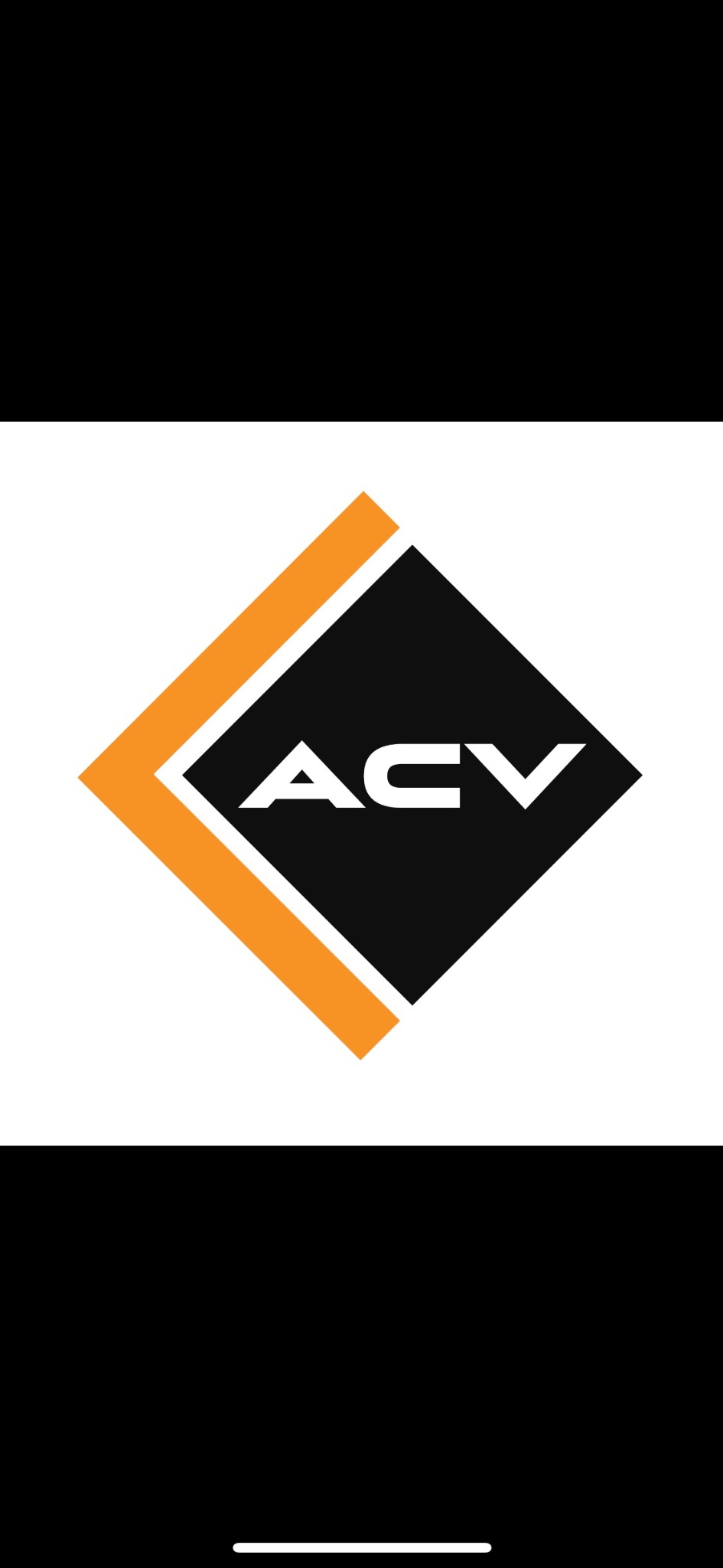 Logo firmy ACV: czarny romb z białym napisem otoczony pomarańczową ramką.