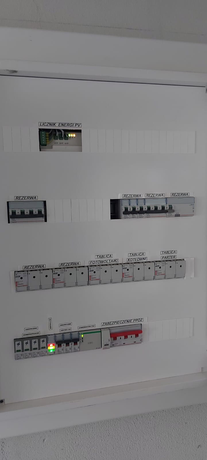 Rozdzielnica elektryczna z opisami obwodów: licznik energii PV, rezerwa, tablica fotowoltaiki, kotłowni, parter, zabezpieczenie PPOŻ oraz moduły zabezpieczeń. Widoczne diody sygnalizacyjne.