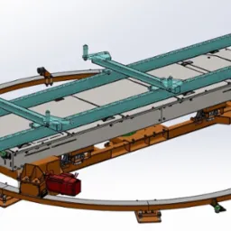 Model 3D stołu obrotowego ze stołem mimośrodowym, widok z góry, elementy w kolorze turkusowym i pomarańczowym, strzałka wskazująca ruch.