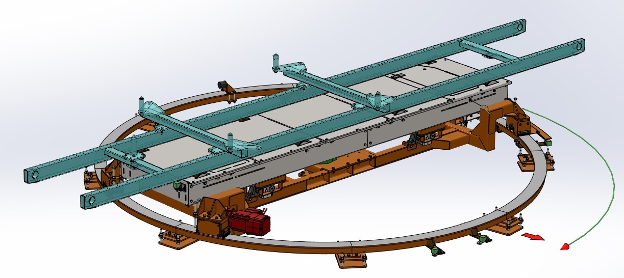 Model 3D stołu obrotowego ze stołem mimośrodowym, widok z góry, elementy w kolorze turkusowym i pomarańczowym, strzałka wskazująca ruch.