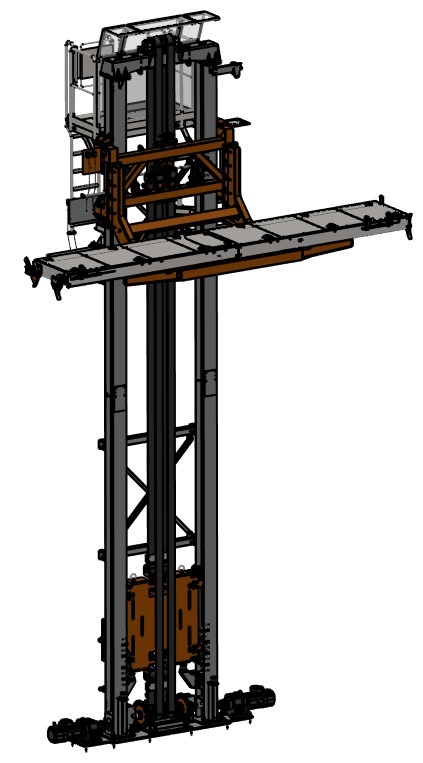 Model 3D windy przemysłowej z platformą, widok z perspektywy, szare i brązowe elementy konstrukcyjne.