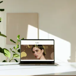 Laptop wyświetla stronę internetową z promocją pakietu zabieg&oacute;w regeneracyjnych dla sk&oacute;ry, modelka z delikatnym makijażem i złotym brokatem na policzkach, minimalistyczne tło z rośliną doniczkową.