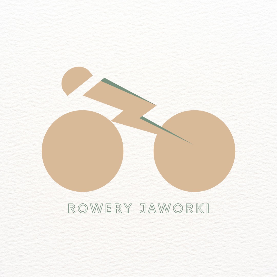 Minimalistyczne logo firmy rowerowej 'Rowery Jaworki' przedstawiające uproszczony kształt roweru z błyskawicą zamiast ramy, w kolorach beżowym i zielonym, na teksturowanym białym tle.