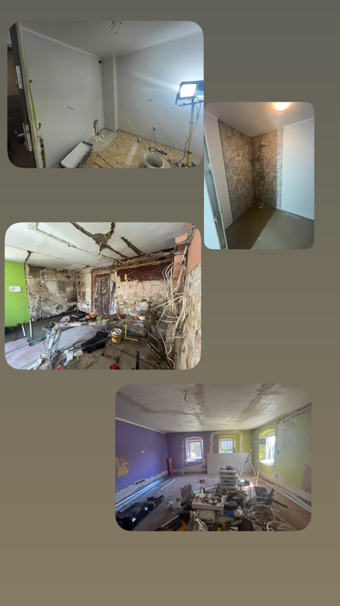 Kolaż zdjęć przedstawiający pomieszczenia w różnym stadium prac budowlanych: przygotowanie podłoża, instalacje elektryczne, surowy stan, wykończona łazienka z prysznicem.
