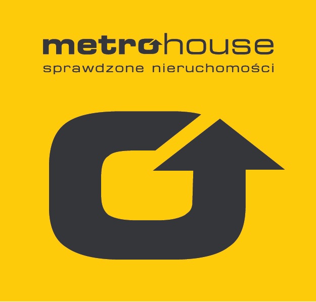 Logo firmy Metrohouse z Zgierza, przedstawiające stylizowaną literę 'G' z wkomponowaną strzałką skierowaną w górę, na żółtym tle.