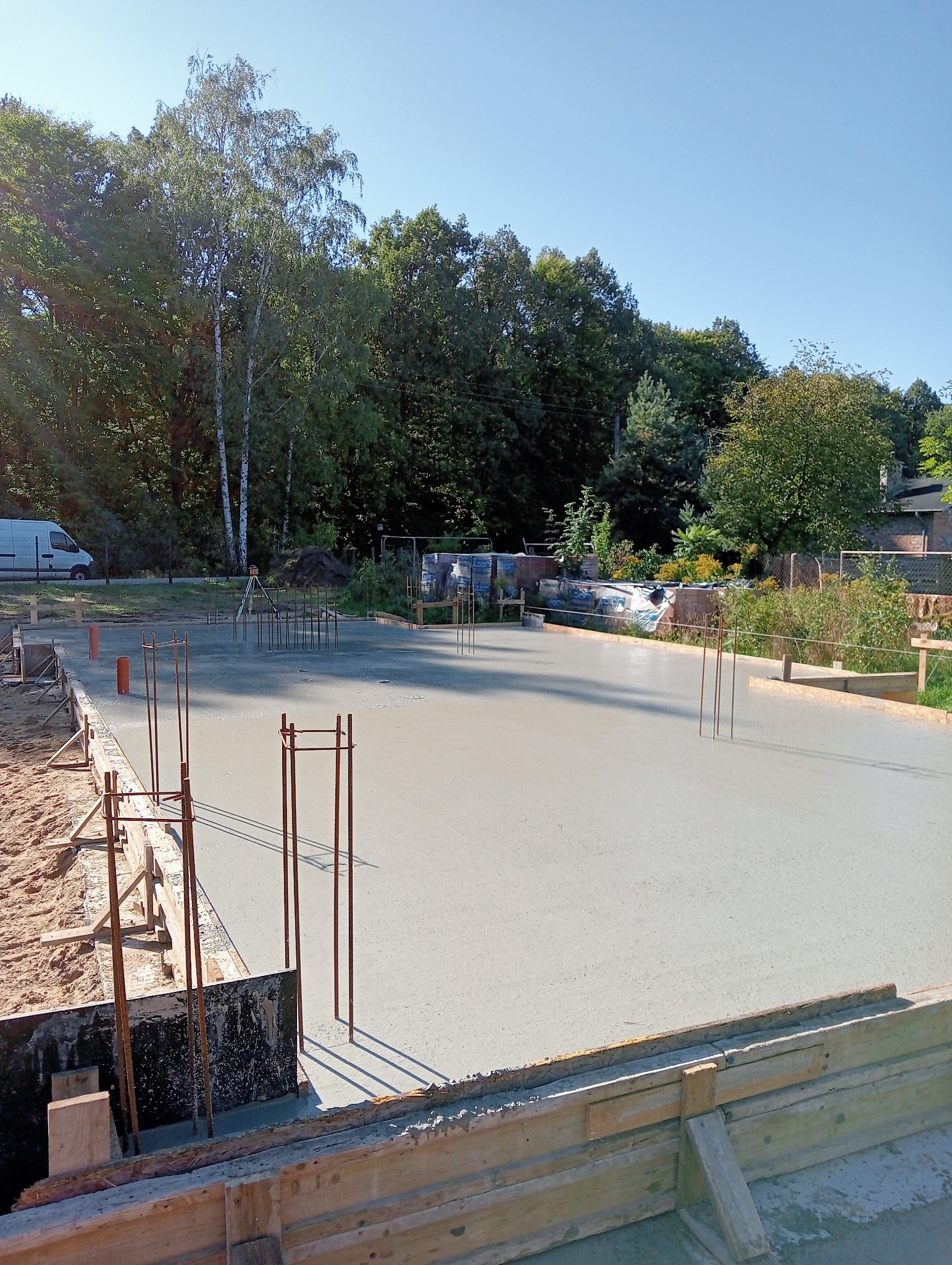Świeżo wylana, gładka płyta fundamentowa z wystającymi prętami zbrojeniowymi, drewnianym szalunkiem i widocznym poziomem gruntu w tle, na tle zieleni drzew.
