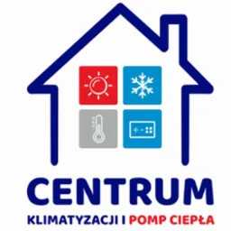 Logo firmy 'Centrum Klimatyzacji i Pomp Ciepła' przedstawiające stylizowany dom z ikonami słońca, śnieżynki, termometru i panelu sterowania.