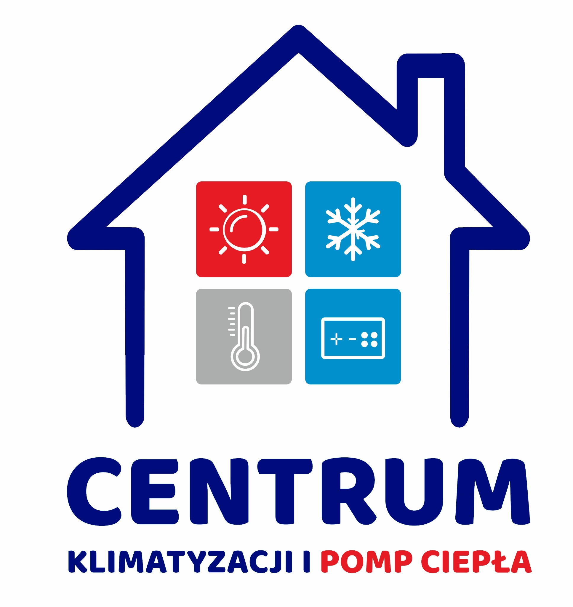 Logo firmy 'Centrum Klimatyzacji i Pomp Ciepła' przedstawiające stylizowany dom z ikonami słońca, śnieżynki, termometru i panelu sterowania.