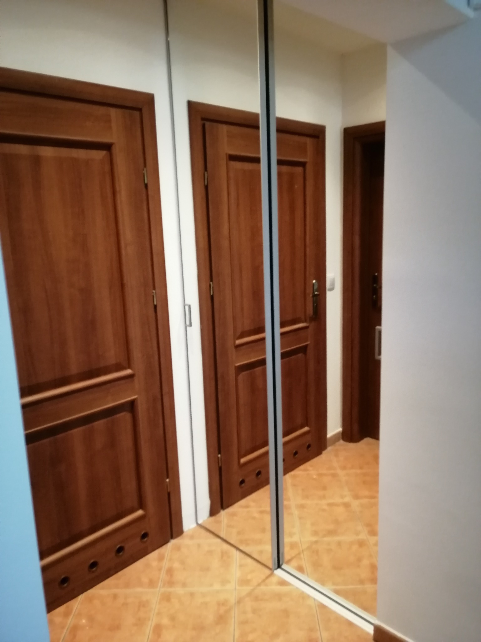 Wnętrze z drewnianymi drzwiami i szafą wnękową z przesuwnymi drzwiami lustrzanymi, brązowa terakota na podłodze.