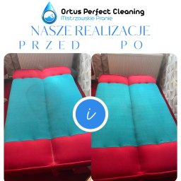Ortus Perfect Cleaning - Dwie połówki zdjęcia: po lewej kanapa z widoczną plamą, po prawej ta sama kanapa po czyszczeniu, bez plamy, widoczny napis 'NASZE REALIZACJE PRZED PO' oraz logo firmy 'Ortus Perfect Cleaning'.