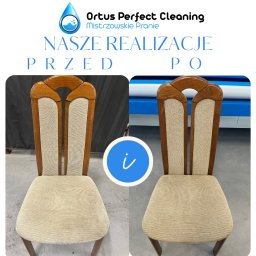 Ortus Perfect Cleaning - Krzesło z drewnianą ramą i tapicerowanym siedziskiem, widok przed i po czyszczeniu, prezentacja efektu usługi.