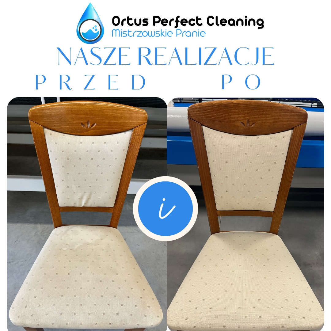 Krzesło tapicerowane z drewnianym oparciem, widok przed i po czyszczeniu, ukazujący wyraźną różnicę w czystości tapicerki.