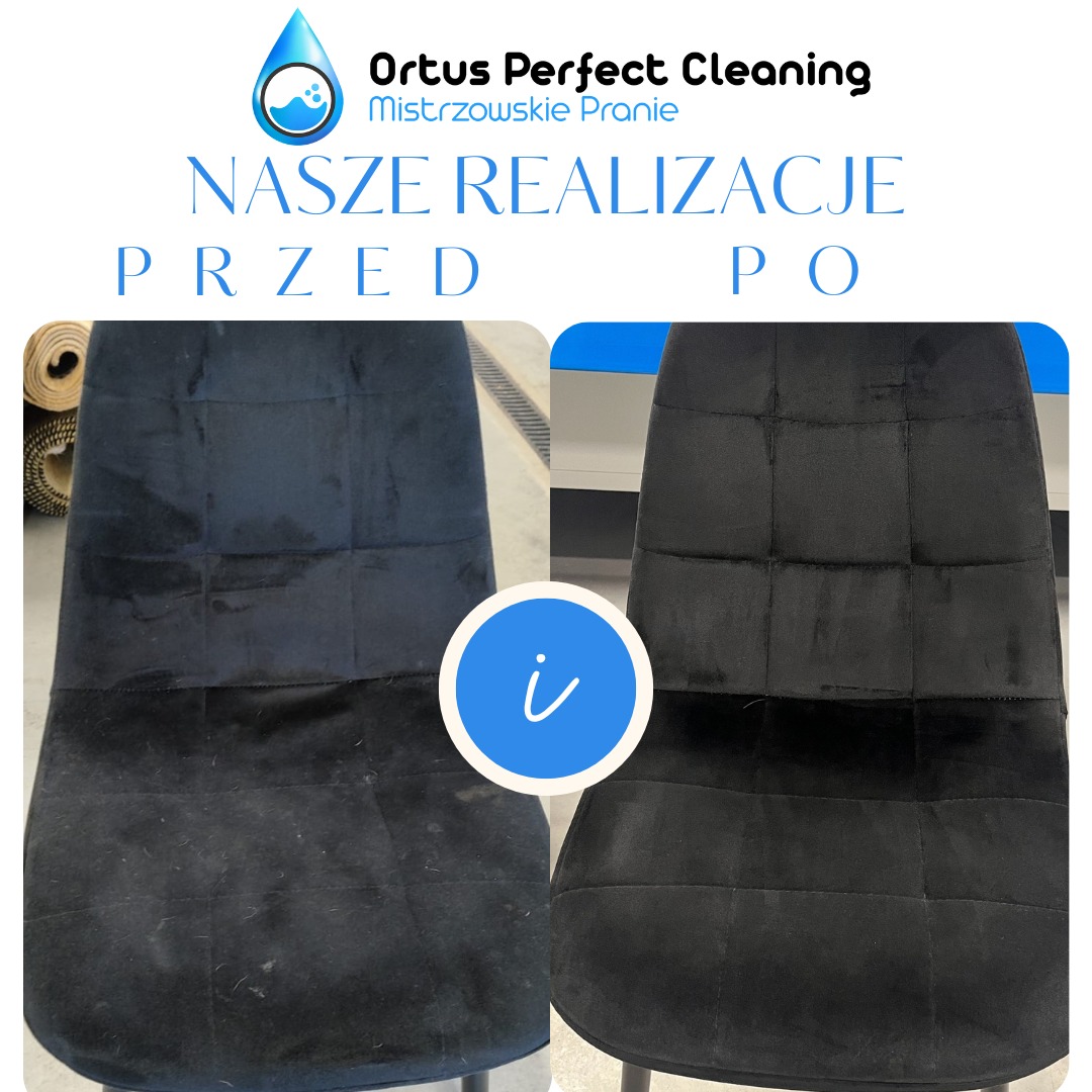 Czarne krzesło tapicerowane przed i po czyszczeniu, widoczne wyraźne różnice w wyglądzie materiału, z lewej strony zabrudzone, z prawej wyczyszczone, na górze logo firmy czyszczącej.