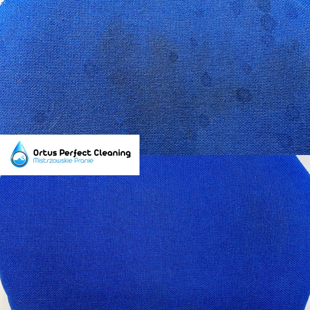 Niebieska tapicerka krzesła biurowego, widoczna część przed i po czyszczeniu, z logo 'Ortus Perfect Cleaning' w rogu.