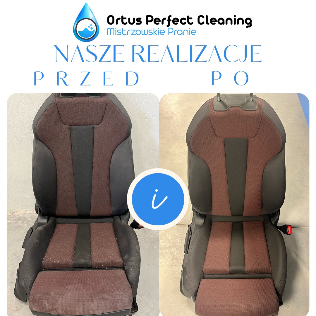Tapicerowane siedzenie samochodowe w kolorze brązowo-czarnym, widok przed i po czyszczeniu, z wyraźną różnicą w czystości tkaniny, prezentacja firmy Ortus Perfect Cleaning.