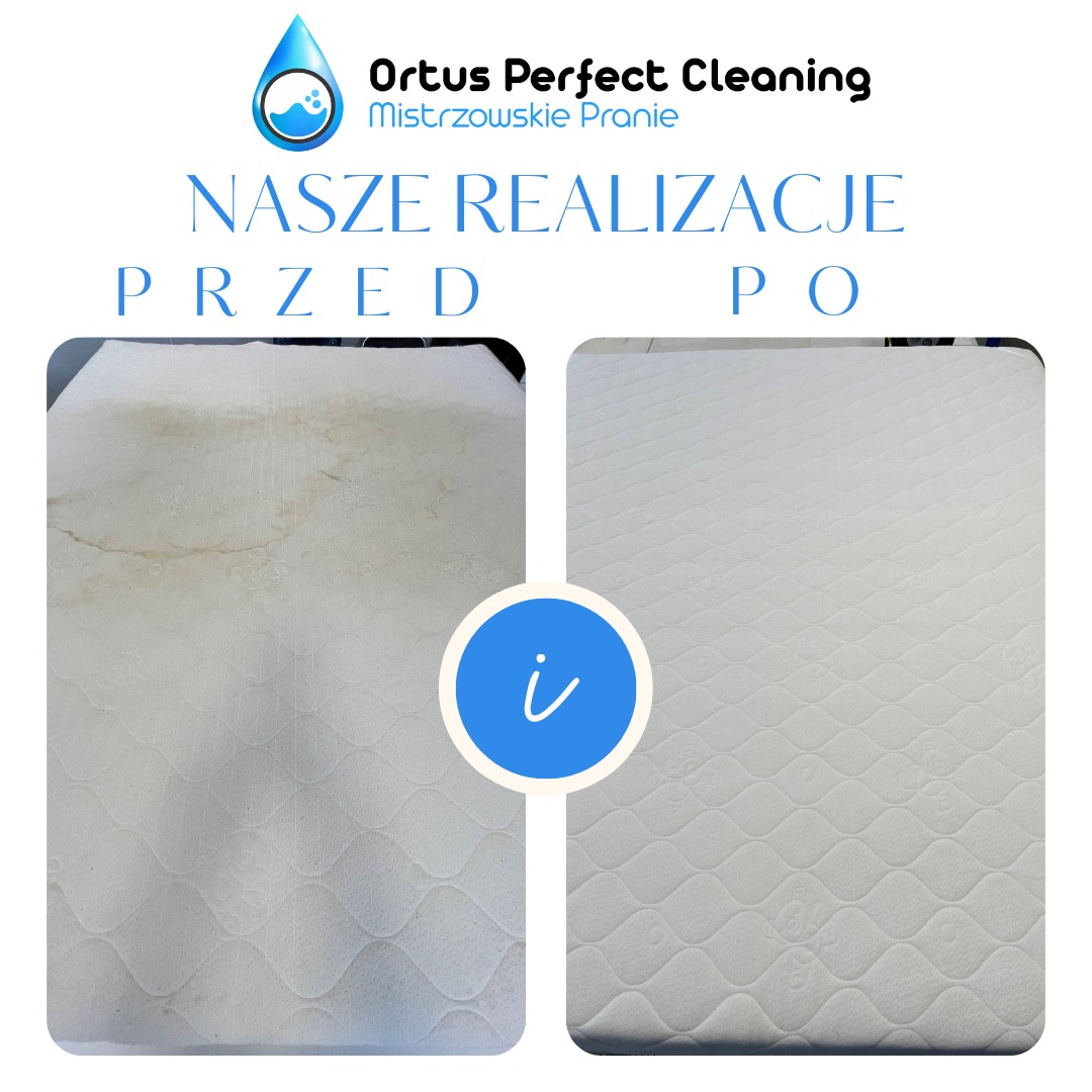 Materac przed i po czyszczeniu, widoczne plamy i zabrudzenia na lewej stronie zdjęcia, a po prawej czysty, biały materac z regularnym wzorem pikowania, logo firmy Ortus Perfect Cleaning w górnej...