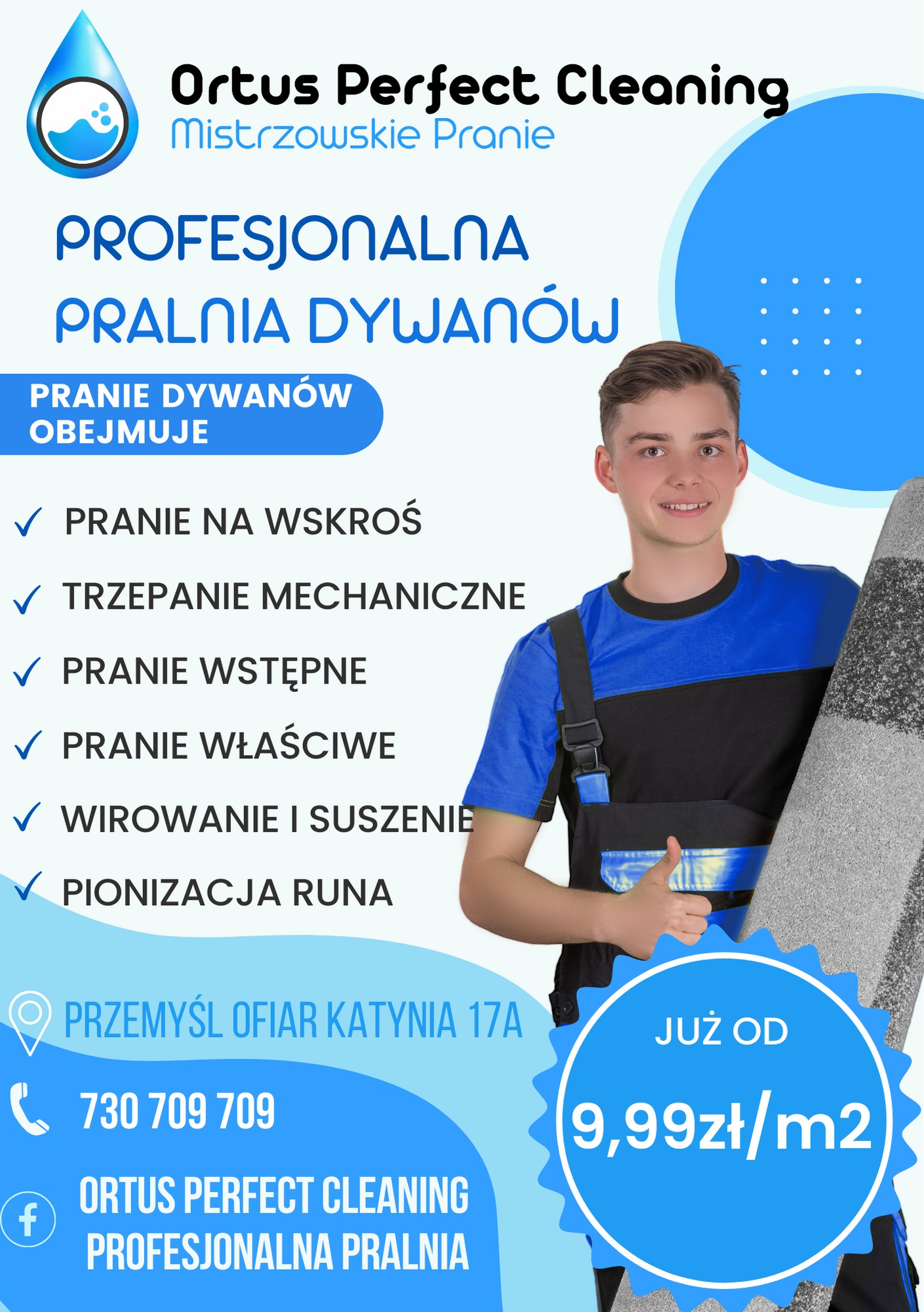 Mężczyzna w uniformie prezentuje dywan, oferta profesjonalnej pralni dywanów z cennikiem od 9,99 zł za metr kwadratowy.