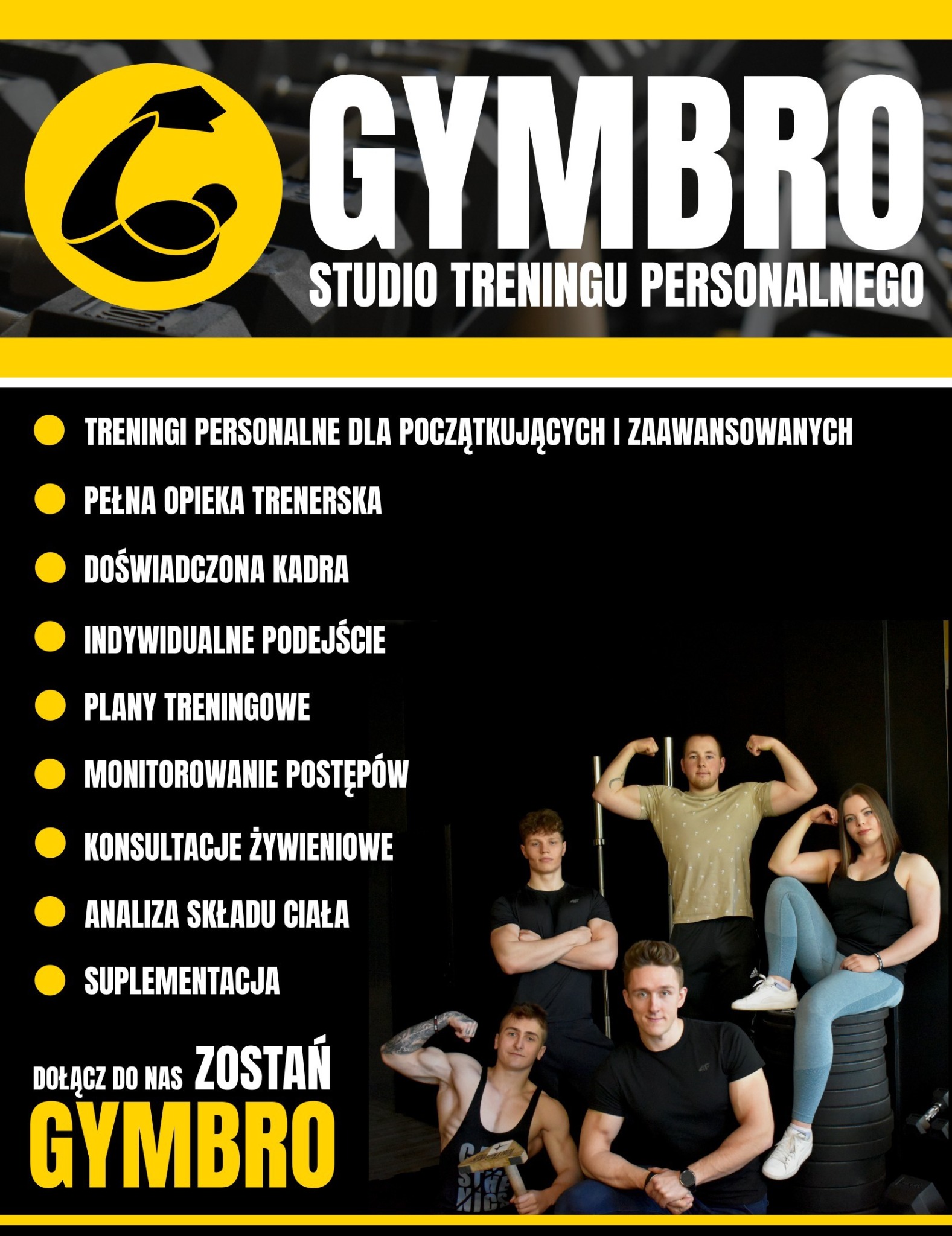 Żółto-czarny plakat reklamowy studia treningu personalnego Gymbro z logo, listą korzyści i zdjęciem zespołu trenerów pozujących na tle sprzętu do ćwiczeń.