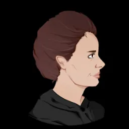 Ilustracja profilu kobiety z brązowymi włosami i czarnym ubraniem na czarnym tle.