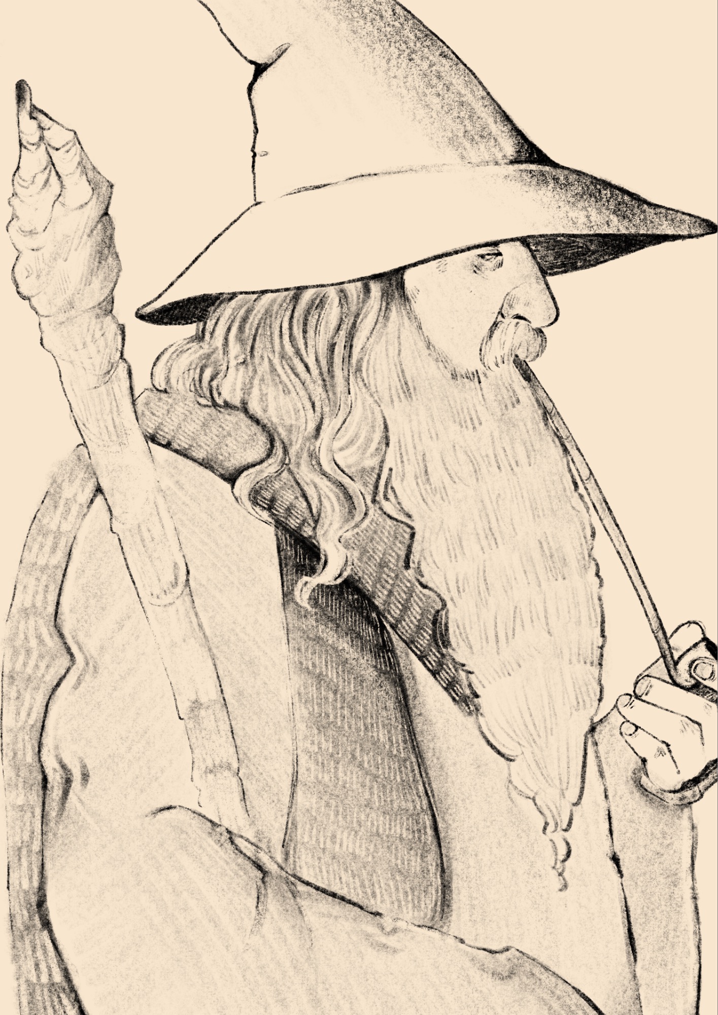 Ręcznie rysowany portret czarodzieja w spiczastym kapeluszu, z długą brodą i fajką, trzymającego kostur, w odcieniach sepii.