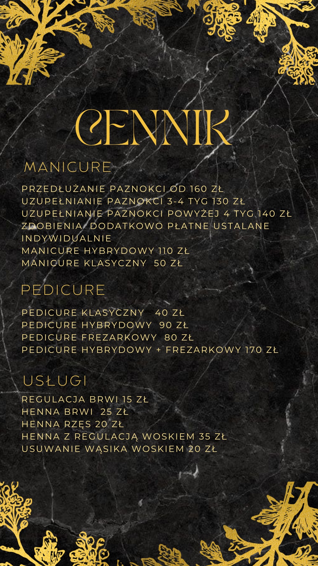 Elegancki cennik usług manicure, pedicure i regulacji brwi w salonie kosmetycznym, złote litery na tle czarnego marmuru.