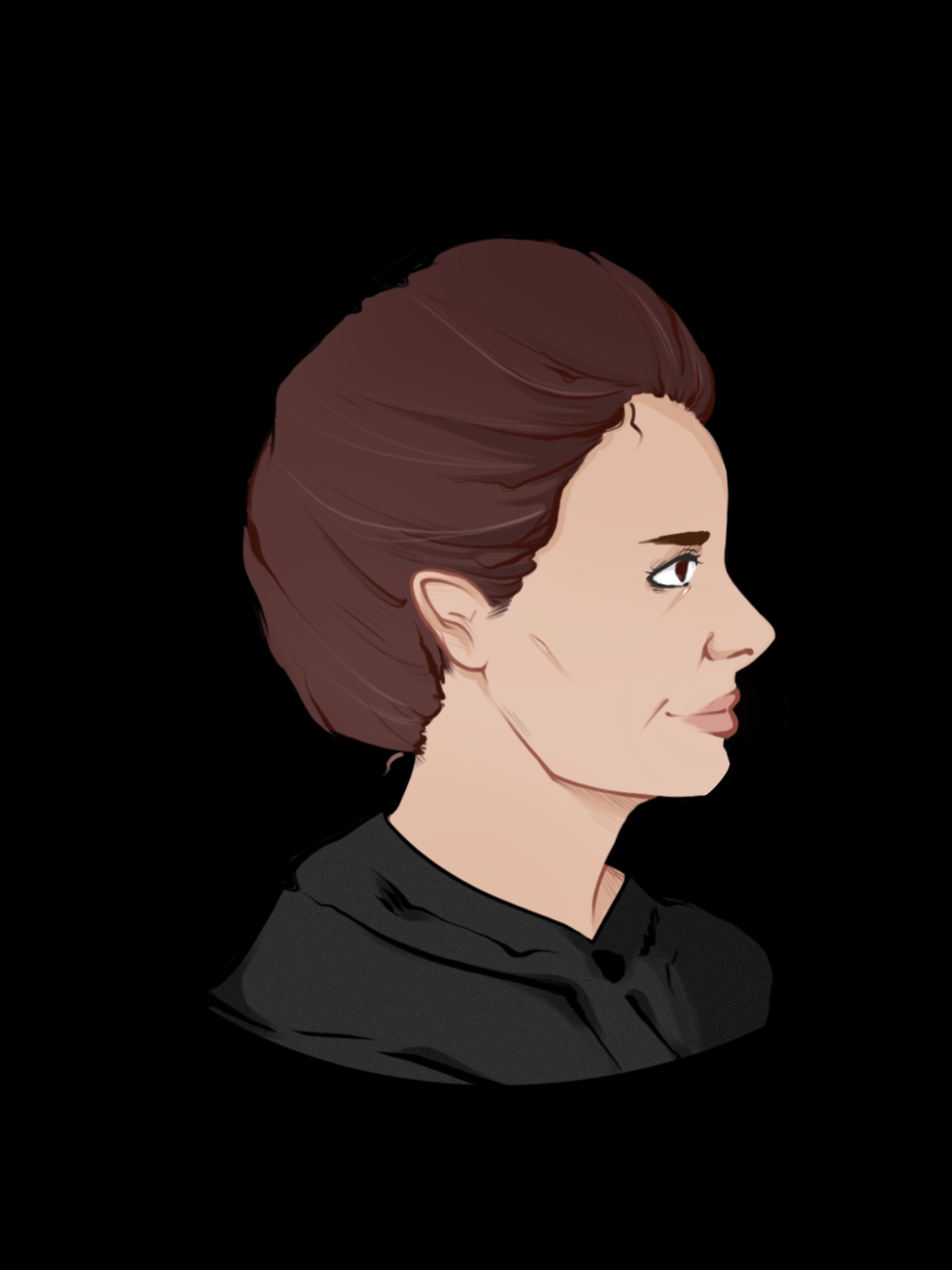 Ilustracja profilu kobiety z brązowymi włosami i czarnym ubraniem na czarnym tle.