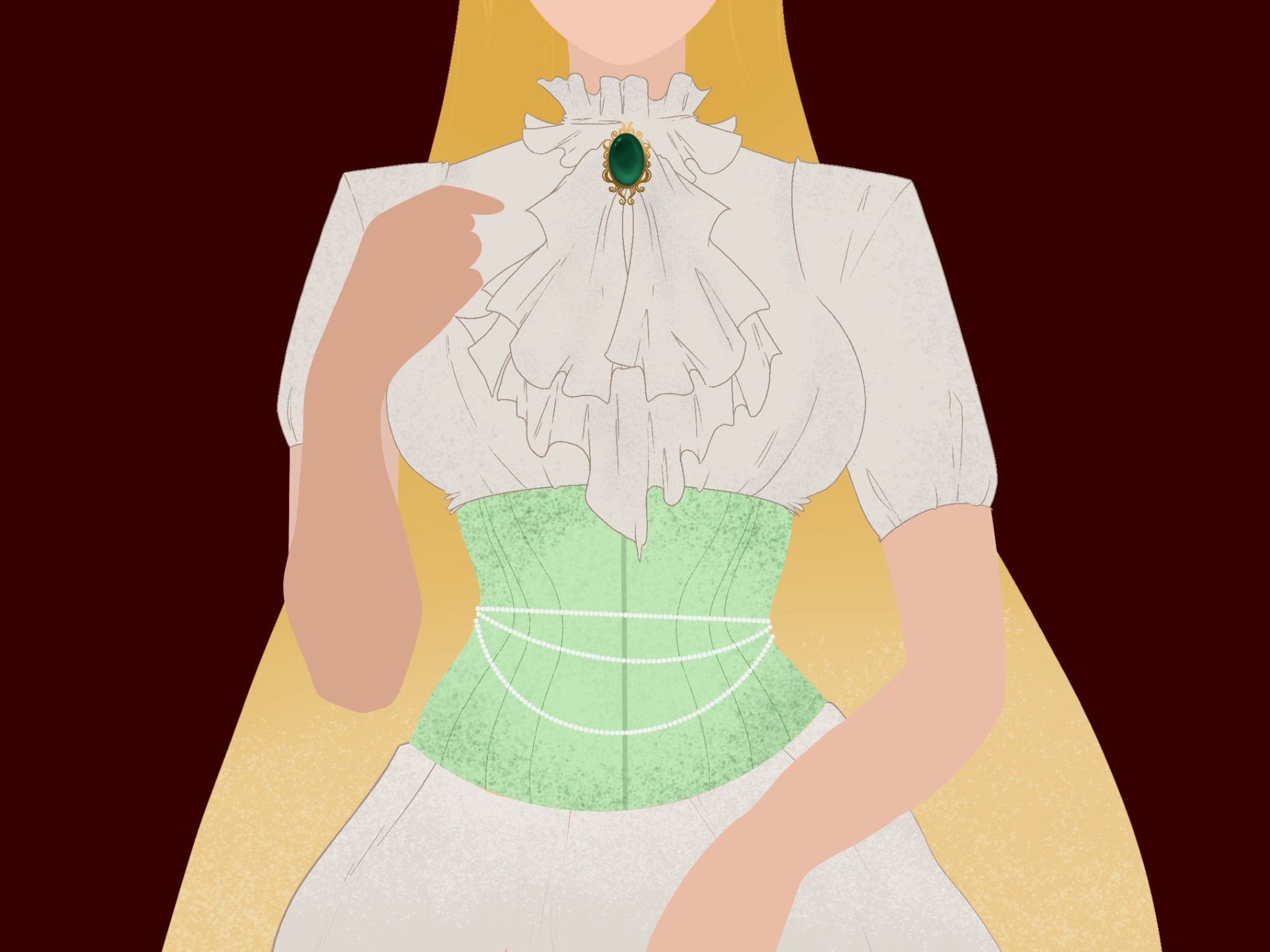 Ilustracja przedstawia kobietę w białej bluzce z falbanami i zielonym gorsecie ozdobionym perłami, na ciemnoczerwonym tle.