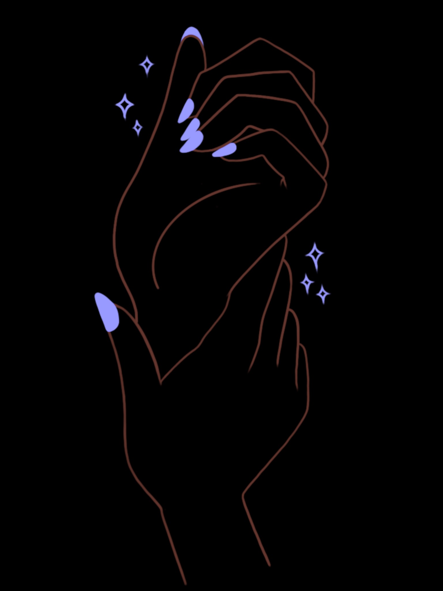 Grafika przedstawia dwie dłonie z pastelowymi, fioletowymi paznokciami na czarnym tle, ozdobione minimalistycznymi, błyszczącymi gwiazdkami.