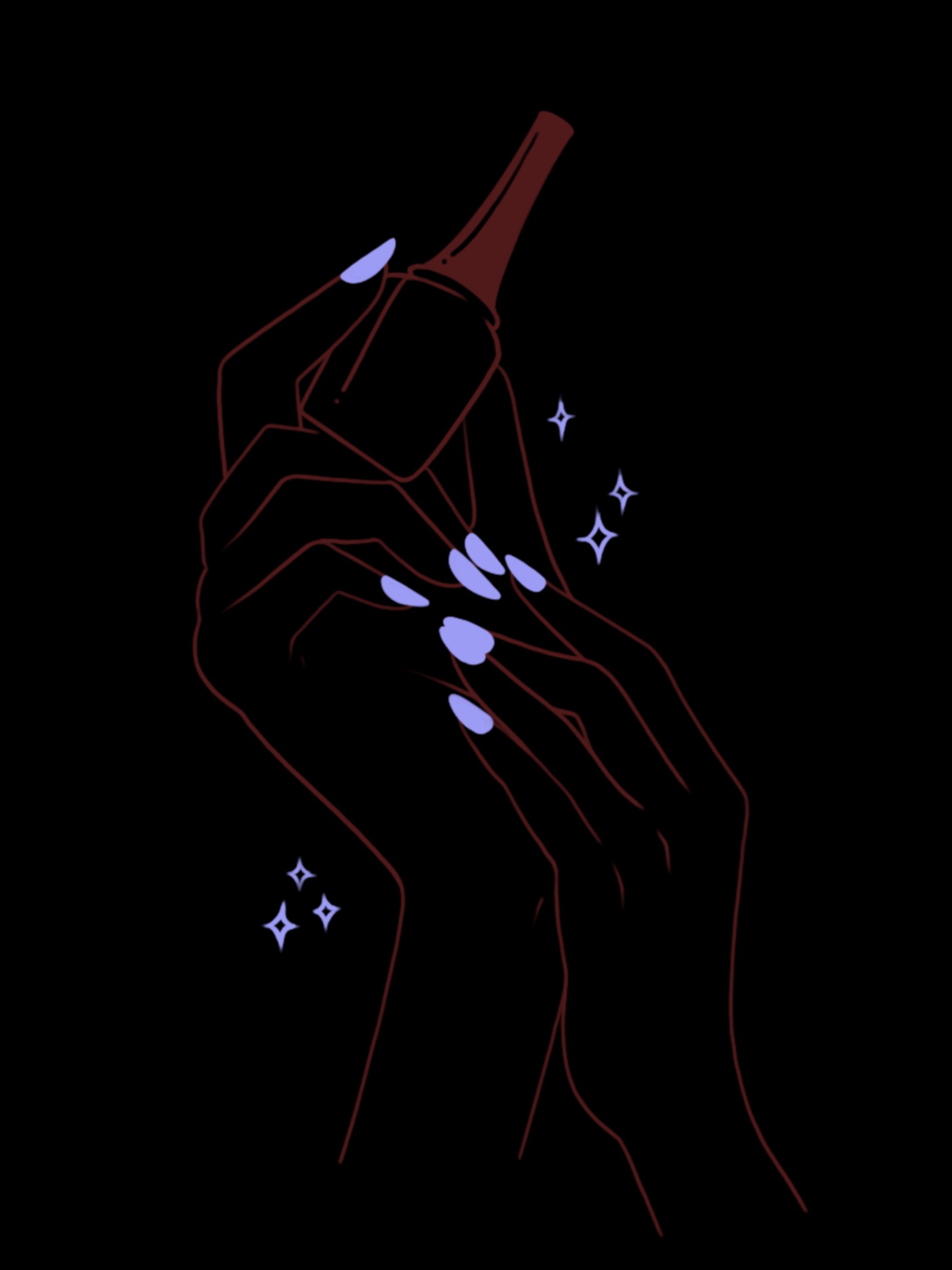 Ilustracja dłoni z lakierem do paznokci w odcieniach brązu i fioletu na czarnym tle, z elementami graficznymi w kształcie gwiazdek.