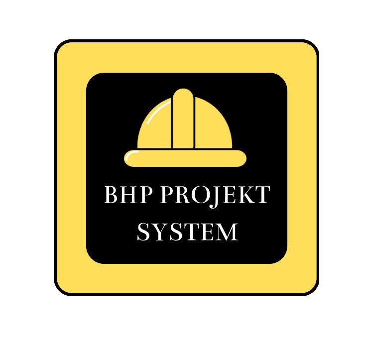 Żółto-czarne logo firmy z Pieńska, przedstawiające kask budowlany i napis 'BHP PROJEKT SYSTEM' wewnątrz zaokrąglonego kwadratu.