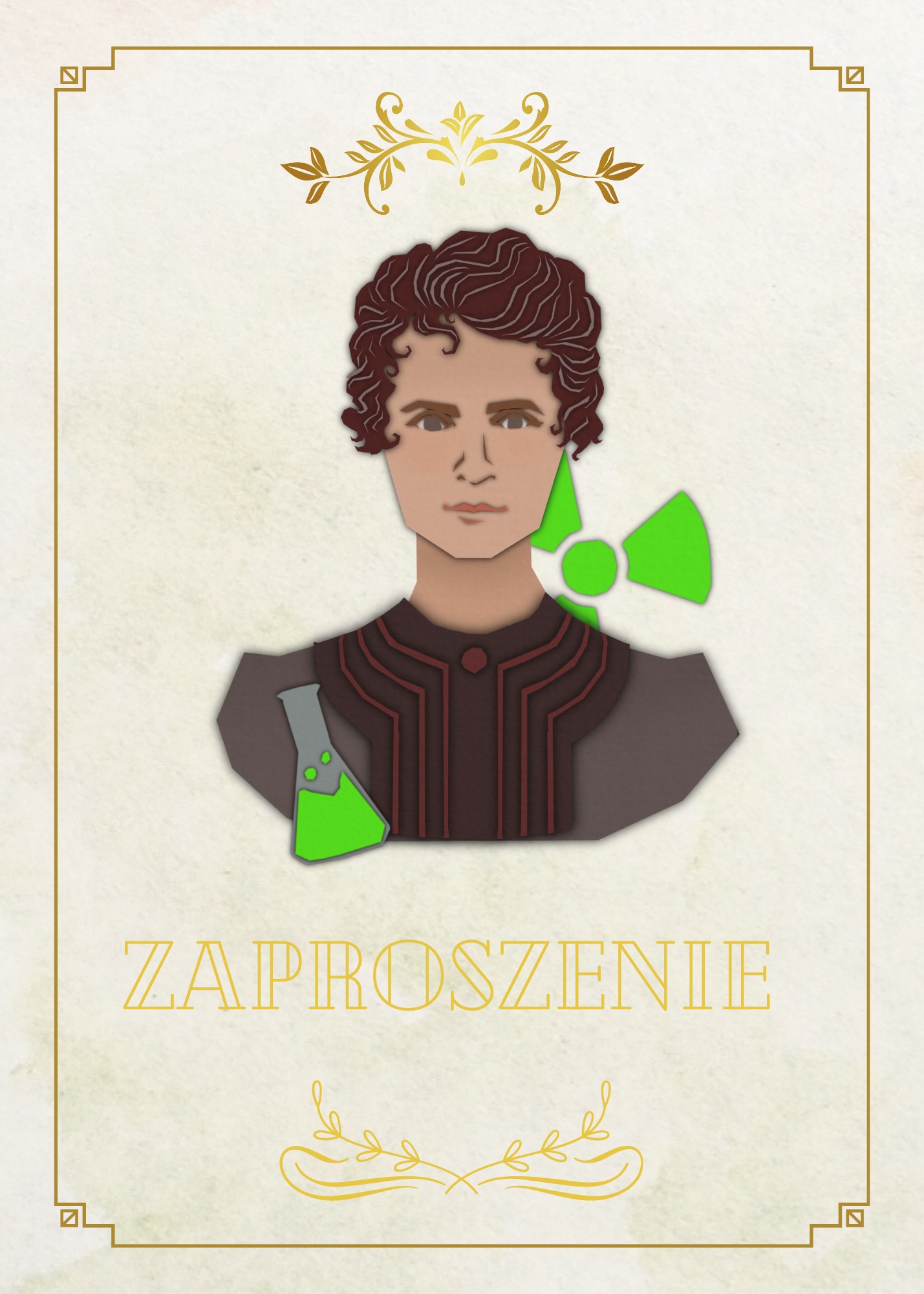 Ilustracja zaproszenia z portretem mężczyzny, symbolem radioaktywności i kolbą z zieloną cieczą, utrzymana w pastelowej kolorystyce i ozdobnej ramce.