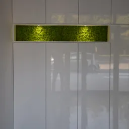 Biała szafa wnękowa z podświetlanym panelem z mchu dekoracyjnego, odbicie w połyskujących frontach.