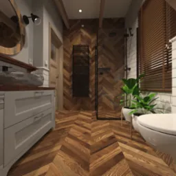 Wnętrze łazienki z drewnianą podłogą w jodełkę, umywalką z kamienia na szarej szafce, kabiną prysznicową z drewnianą ścianą i białymi płytkami na ścianach, roletami w oknach i roślinami doniczkowymi.