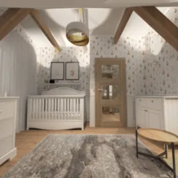 Pokój dziecięcy na poddaszu z drewnianą konstrukcją stropu, białym łóżeczkiem, komodą z przewijakiem, tapetą w zwierzątka i okrągłym stolikiem kawowym.