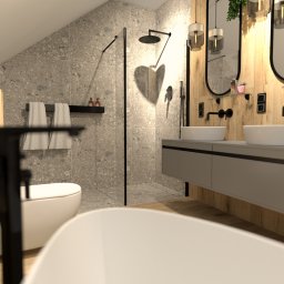 MODERN STUDIO W.FIRLEJ, M.FIRLEJ Spółka cywilna - Wizualizacja nowoczesnej łazienki na poddaszu z kabiną prysznicową typu walk-in, dwiema umywalkami nablatowymi, szarą szafką pod umywalkami, drewnianymi panelami ściennymi i lustrami w czarnych...