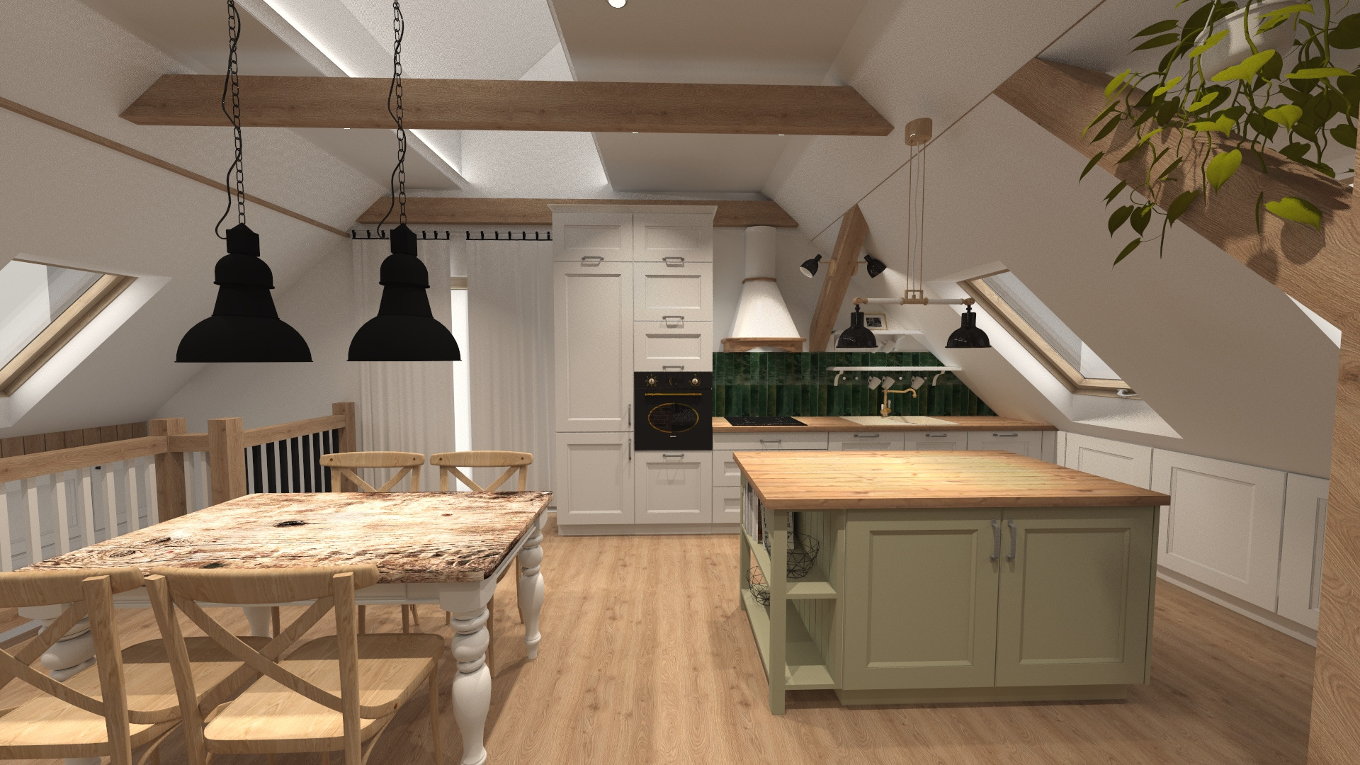 Jasna kuchnia w stylu rustykalnym z drewnianym stołem i wyspą, oświetlona trzema wiszącymi lampami i światłem wpadającym przez okno dachowe.