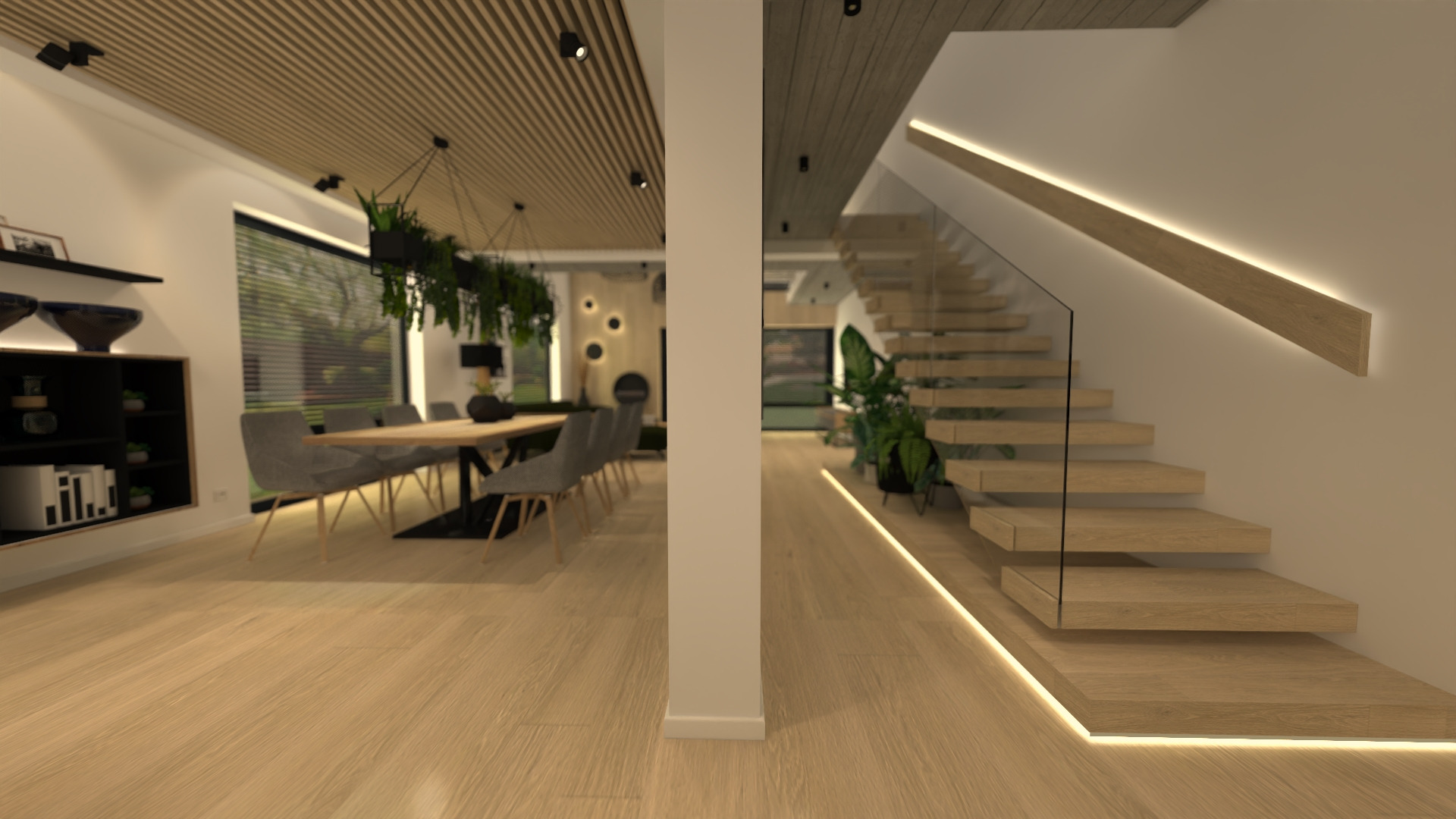 Nowoczesne wnętrze: jadalnia z drewnianym stołem i szarymi krzesłami oraz ażurowe schody z podświetleniem LED, drewniane wykończenie sufitu.