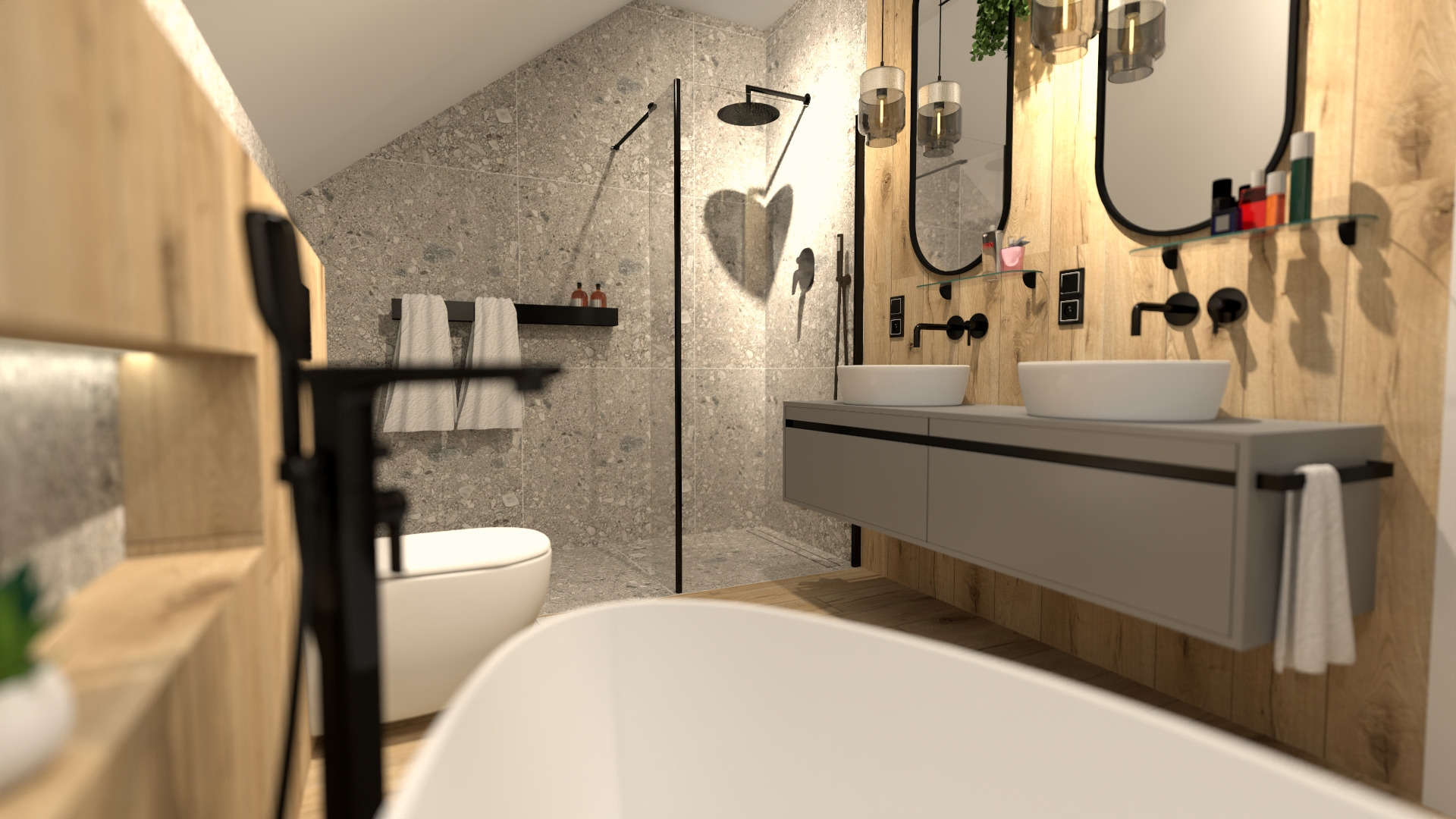 Wizualizacja nowoczesnej łazienki na poddaszu z kabiną prysznicową typu walk-in, dwiema umywalkami nablatowymi, szarą szafką pod umywalkami, drewnianymi panelami ściennymi i lustrami w czarnych...