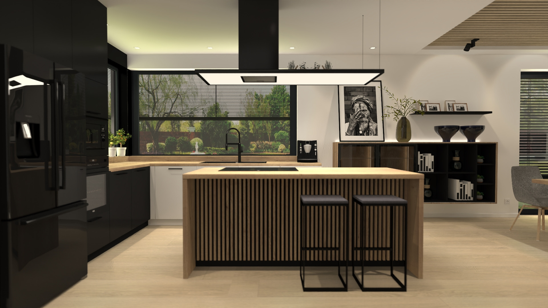 Nowoczesna kuchnia z wyspą, czarne szafki, drewniany blat, okno z widokiem na ogród, czarne stołki barowe, minimalistyczny wystrój.