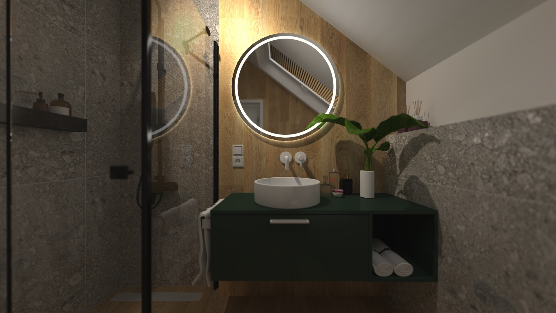 Nowoczesna łazienka na poddaszu z okrągłym lustrem LED, umywalką nablatową i zieloną szafką pod umywalką, wykończona płytkami imitującymi kamień i drewnem.