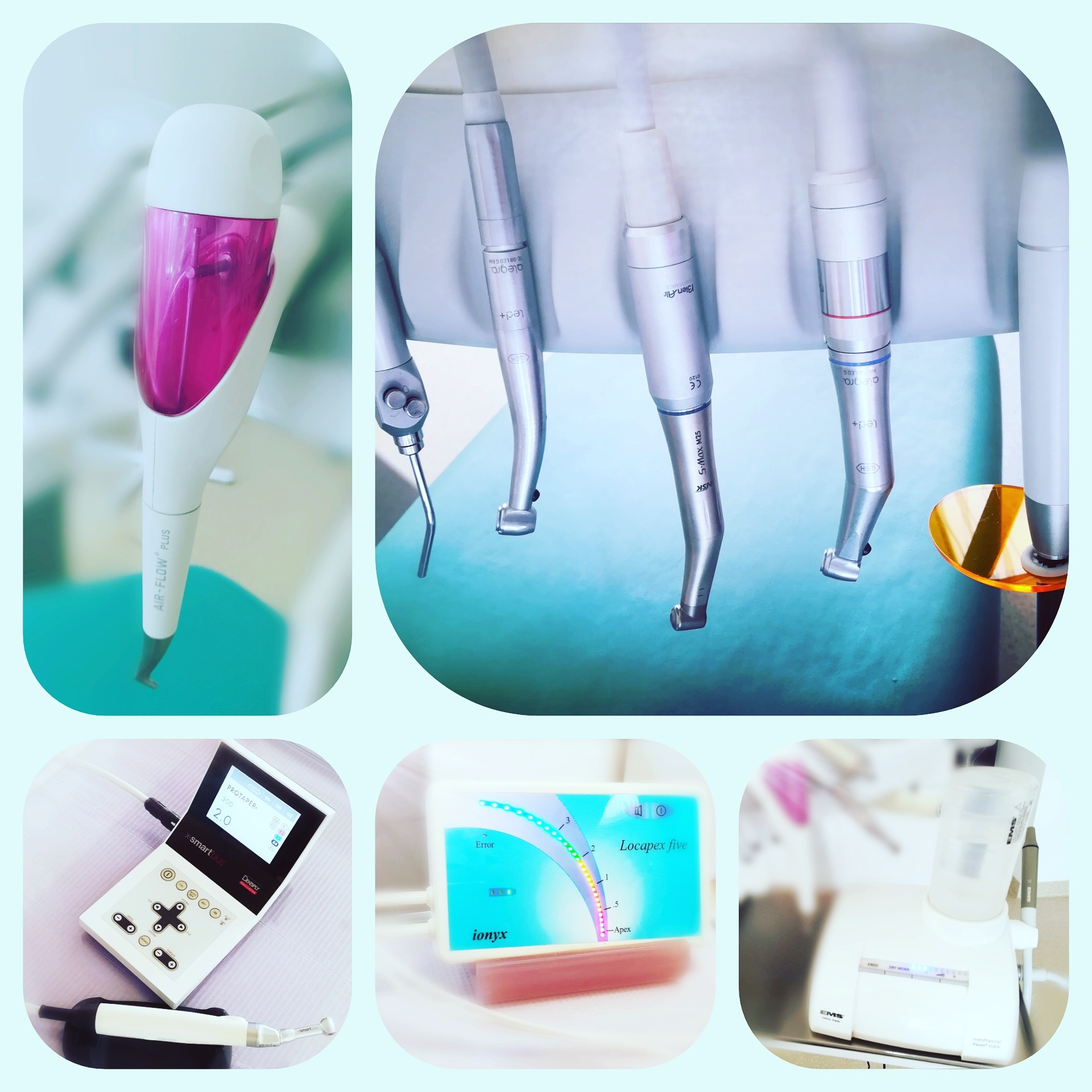 Zestaw narzędzi i urządzeń stomatologicznych, w tym piaskarka Air-Flow Plus z różowym zbiornikiem, turbiny Allegra i S-Max M25, endometryczny moduł X-Smart Plus oraz lokalizator wierzchołkowy...