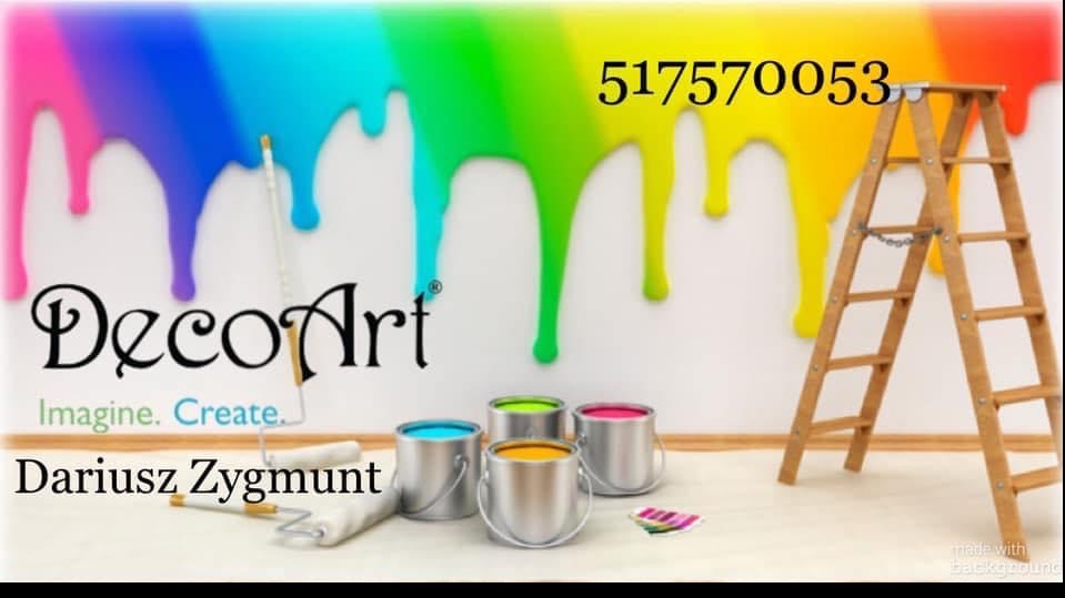 Grafika reklamowa DecoArt: kolorowe farby spływające po ścianie, pędzle, wałki malarskie, drabina drewniana, próbki kolorów, numer telefonu i nazwisko Dariusza Zygmunta.